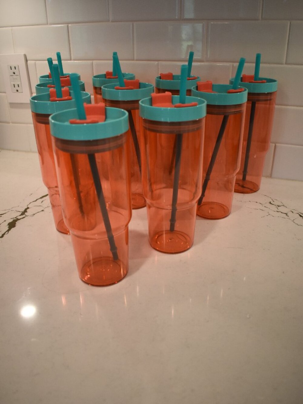 10 Piece Tumbler Set Reusable Cups With Lid & Straw Coral Pink Teal Party Drink
